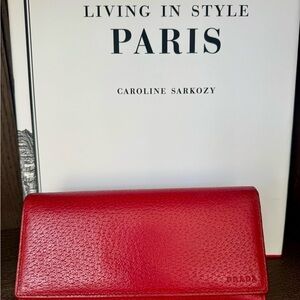 Red Leather Prada Flap Continental Wallet